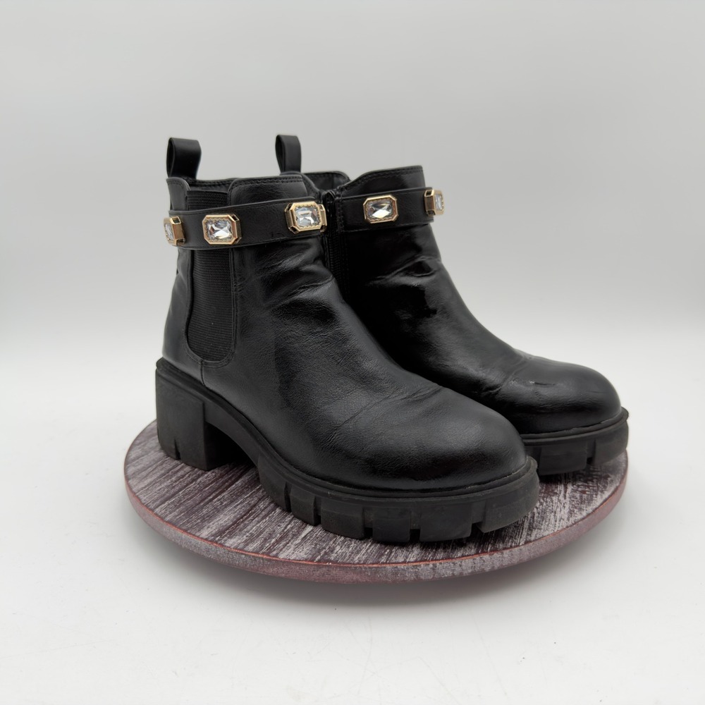 Madden NYC Boot Womens Size 7 Lug Sole Rhinestone Buckle Ankle Zip Vegan Black